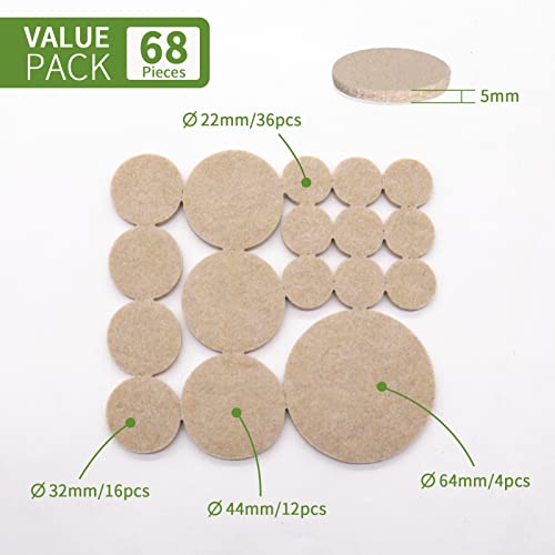 Felt Furniture Pads for Hardwood Floors 68 PCS, Round, Beige - size: 68PCS Value Pack Round Beige