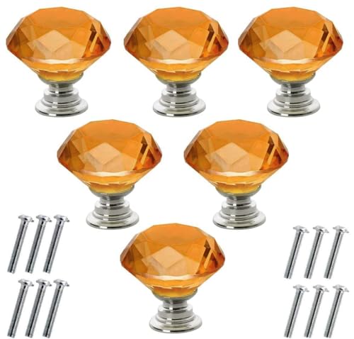 Akstore 6 Pcs Crystal Glass Cabinet Knobs 1.18inch/30mm Diamond Shape Drawer Kitchen Cabinets Dresser Cupboard Wardrobe Pulls Handles (Orange, 30mm) - color: Orange, size: 30 mm