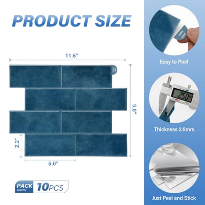 Thicker Design Peel and Stick Backsplash Tile，Self Adhesive Wall Tiles for Kitchen & Bathroom (10 Sheets, Lake Blue) - color: Lake Blue