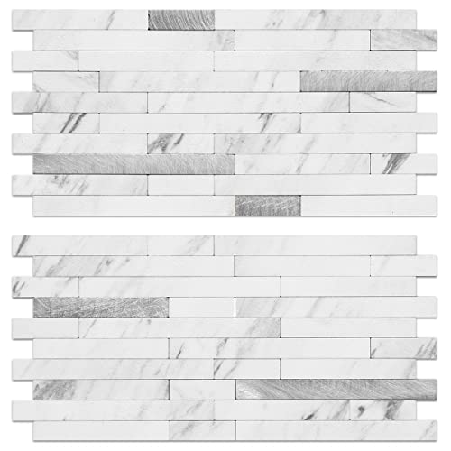AULIGET Faux White Stone Peel and Stick Backsplash, 2 PVC Mixed Metal Wall Tiles Stick on Backsplash - color: Marble White + Metal Silver, size: 2 Sheets, 6"x12"x0.12"