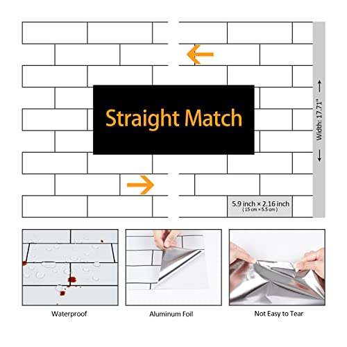 Black White Brick Peel and Stick Wallpaper White Tile Wallpaper Aluminum Subway Tile Contact Paper Roll Removable Waterproof Stick on Kitchen Backsplash School Locker Wall Paper 17.7"x80" - size: 17.7" x 80"