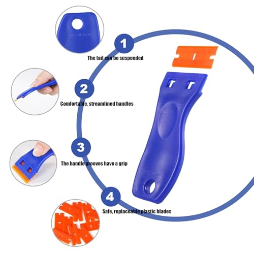 Plastic Razor Blade Scraper Tool,with 10pcs Double Edged Plastic Scraper toolnon Scratch, for Removing Labels Stickers Decals on Glass Windows - color: Plastic scraper