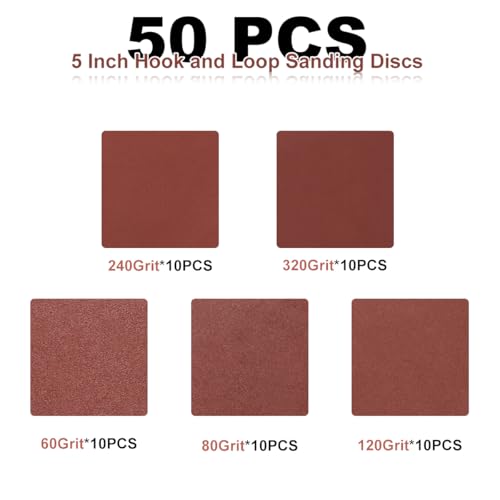 50 PCS 5 Inch 8 Hole Sanding Discs 60-320 Mixed Grit