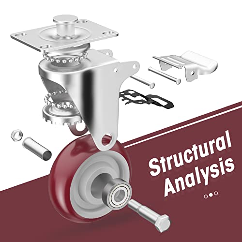 3" Heavy Duty Plate Casters with Brake, Set of 4 - color: Red, size: 3 inch