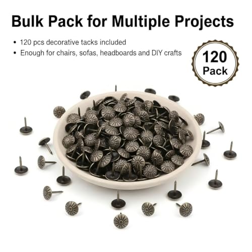 120Pcs 7/16 Inch Upholstery Tacks, Decorative Daisy Pattern Furniture Nails for Sofa, Chair, Bed and DIY Crafts (Antique Brass)
