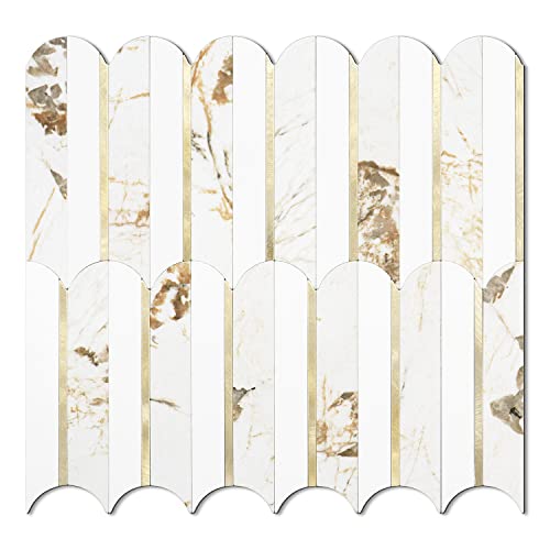 Vamos Tile Peel and Stick Backsplash Seamless Tile,10-Sheet Fish Scale Tile - color: Pure White+Marble Gold+Gold