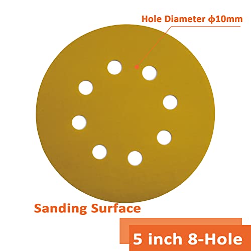 Sanding disc 5 Inch 8 Holes Mixed 60 Pack,Orbital Sander Pads,Hook and Loop Wet/Dry Gold Sandpaper,Include 80,100,120,150,220,320 Grit Each of 10 Pack