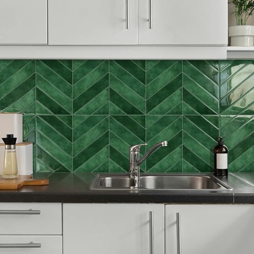 10-Sheet Herringbone Peel and Stick Backsplash Tiles, Green - color: Green