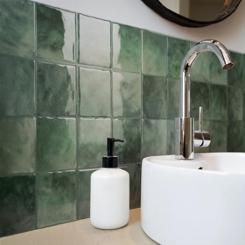 Smart Tiles Peel and stick backsplash, Zellige Moss Green, 9"x9" - color: Moss Green