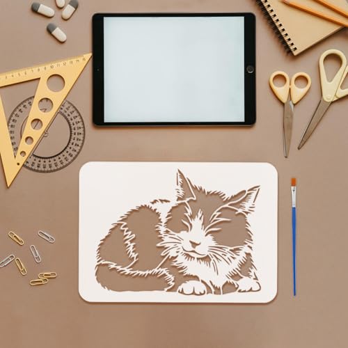 FINGERINSPIRE Resting Cat Stencils with a Brush 11.7x8.3Inch Cute Hairy Cat Painting Stencils Cartoon Cat Pattern Stencil Animal Themes PET Template for Wood Floor Tile Wall Fabric Furniture DIY - color: Resting Cat