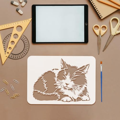 FINGERINSPIRE Resting Cat Stencils with a Brush 11.7x8.3Inch Cute Hairy Cat Painting Stencils Cartoon Cat Pattern Stencil Animal Themes PET Template for Wood Floor Tile Wall Fabric Furniture DIY - color: Resting Cat