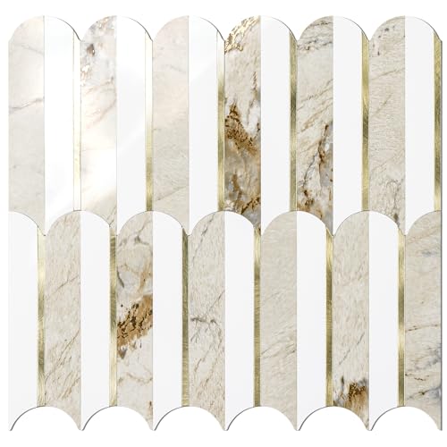 Vamos Tile Peel and Stick Backsplash, Fish Scale, Glossy, 10 pcs - color: Glossy White + Glossy Pandora Marble + Light Gold