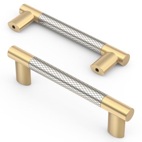 Asidrama 10 Pack 3.75 Inch(96mm) Knurled Gold and Brush Satin Nickel Kitchen Cabinet Handles, Cabinet Pulls Kitchen Cabinet Hardware Cupboard Handles Drawer Pulls 4496A - color: Gold-Nickel, size: 3.75" Hole Center(96mm)