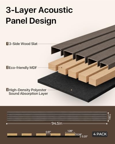Acoustic Wood Slat Panels Soundproof 4 Pack 94.5x7.9" Dark Walnut - color: Dark Walnut, size: 94.5" x 7.9"