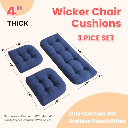 Wicker Chair Cushions 3 Piece Set, Waterproof Outdoor Cushion for Patio Furniture, Loveseat and U-Shaped Wicker Furniture Cushions, Blue - color: Blue
