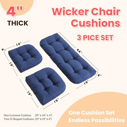 Wicker Chair Cushions 3 Piece Set, Waterproof Outdoor Cushion for Patio Furniture, Loveseat and U-Shaped Wicker Furniture Cushions, Blue - color: Blue
