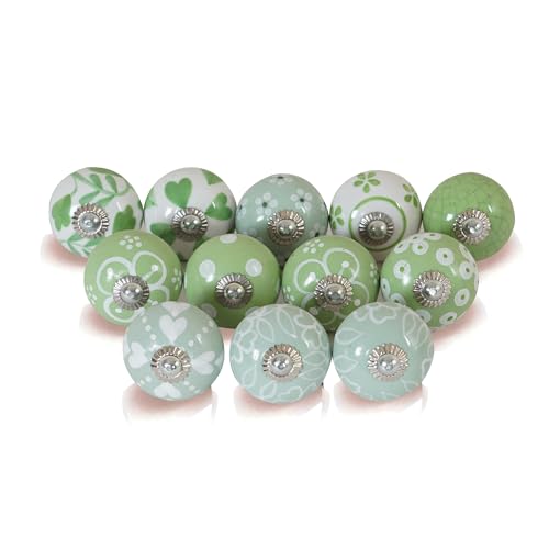 Ceramic Cabinet Knobs Set of 12, Green White Drawer Pulls - color: Green &White