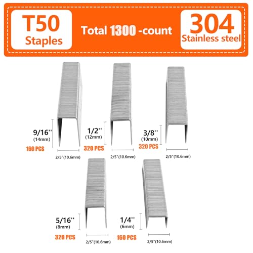 Heavy Duty T-50 304 Stainless Steel Staples 1300-Count 5 Sizes - size: Assorted (1/4 Inch-9/16 Inch) 1300-Count