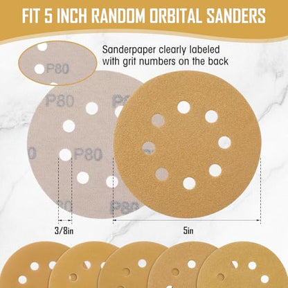 500 Pcs 5 Inch 8 Hole Sanding Discs, 60/80/120/220/320, Yellow - color: Yellow, size: 60/80/120/220/320