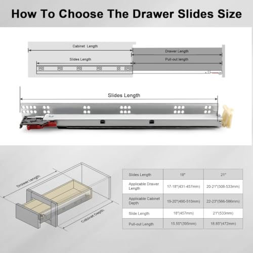 10 Pairs Gobrico Soft Close Under Mounting Drawer Slides 21", Full Extension Concealed Drawer Glides with Locking Device, Rear/Bottom Mounted Cabinet Drawer Runners, Bulk Pack - size: 21-Inch