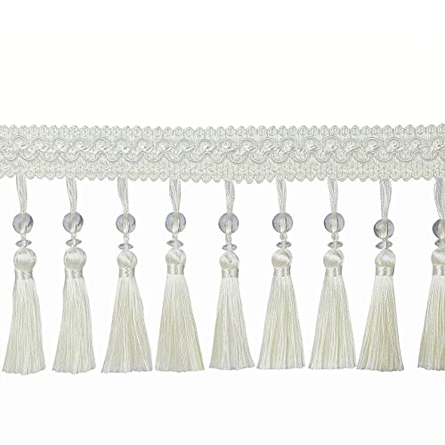 6.5 Yard Beads Tassel Handmade Fringe Trim Ribbon Trimming, 11Cm/4.3Inch Diameter Hand Knitting Tassel Fringing Trimmings for Decor, DIY - color: white