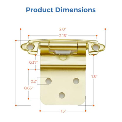 Gold Self-Close Cabinet Hinges, 3/8 Inch Inset,20 Pack 10 Pairs - size: Semi Concealed 3/8 inch Overlay