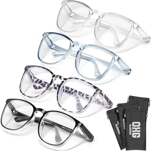 OXG 4 Pack Safety Glasses Anti Fog Goggles, Blue Light Blocking Stylish Safety Glasses for Women Nurses Protective Eyewear - color: Leopard+clear+black+blue