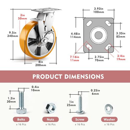 8 Inch Heavy Duty Casters Set of 4, Industrial Locking Casters 7000lbs Load Capacity, Plate Swivel Castor Wheels for Heavy Duty Carts, Workbench, Equipment, Platform Truck (Orange) - style: 8″ With brake