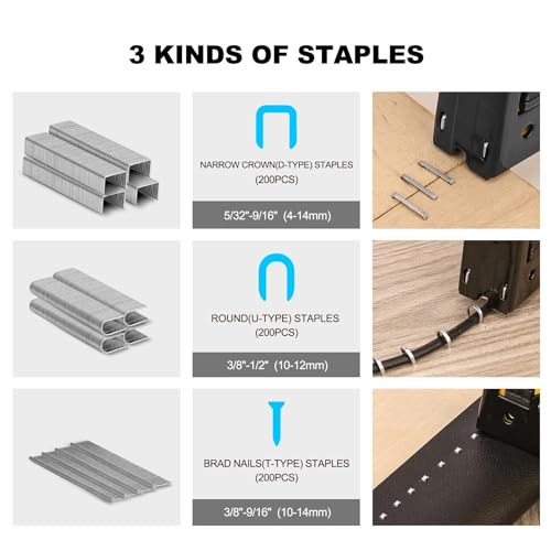 HAUTMEC Upholstery Staple Gun for Wood, 3-in-1 Heavy Duty Fabric Stapler with 600 Staples, Adjustable Manual Staple Guns for Carpet, Crafts, Furniture