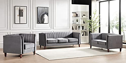Container Furniture Direct Modern Luxury Velvet Couches for Living Room with High Density Foam, Soft Fabric Upholstery, Removable Cushions and Solid Wood Legs, 3 Piece Set Chair, Loveseat & Sofa, Grey - color: Grey, size: 3 Piece Set