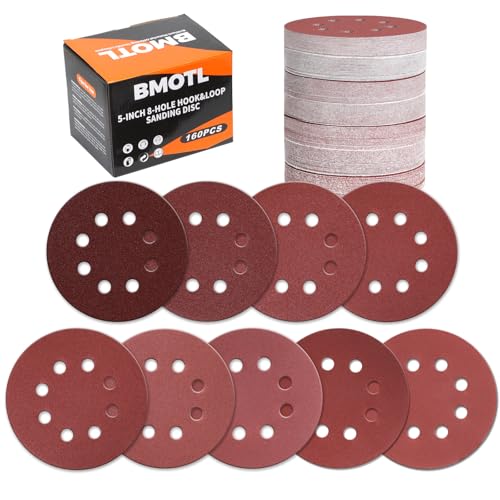 160Pcs 5-Inch 8-Hole Hook & Loop 40-600 Assorted Grit Sanding Discs