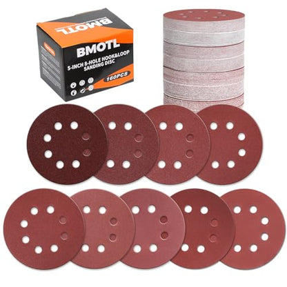 160Pcs 5-Inch 8-Hole Hook & Loop 40-600 Assorted Grit Sanding Discs