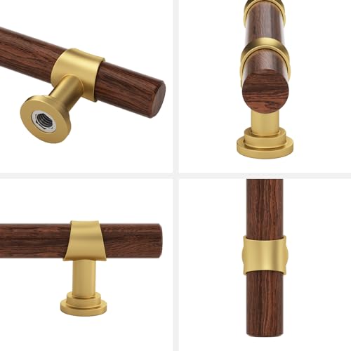 Haliwu 10 Pack 3 inch Hole Center Wood Grain and Gold Cabinet Pulls Gold Kitchen Hardware Handles 2 Tone Barrel Cabinet Drawer Pulls - color: Walnut Wood Grain& Matte Gold, size: 76mm (3 inch) Hole Center Spacing