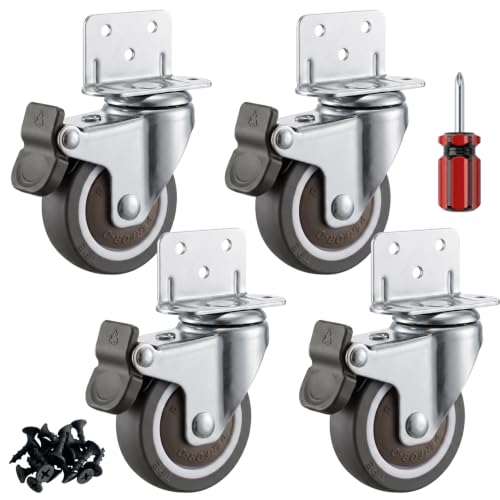 2 Inch Side Mount L-Shaped Plate Caster Wheels Set of 4 with Brakes, 240 lbs Capacity, 360 Degree Swivel Locking for Furniture Cart Cabinet Table