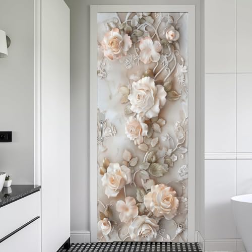REDAMANCY Modern Ivory Pink White Rose Florals Peel and Stick Door Stickers Vinyl Mural Decals Decor Modern Wallpaper Self-Adhesive, Waterproof, Removable - color: Mta-40