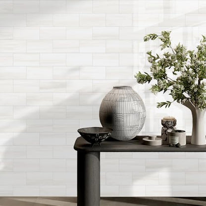 Vamos Tile 100-Piece Glossy Dolomite White Peel and Stick Backsplash Tile,3''x6'' PVC Subway Tile with White Grout, Stick on Backsplash for Kitchen/Bathroom/Fireplace - color: Dolomite White