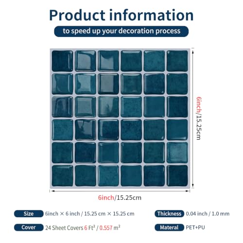 3D Mosaic Peel and Stick DIY Backsplash Tiles (24, Deep Ocean Teal) - color: Deep Ocean Teal