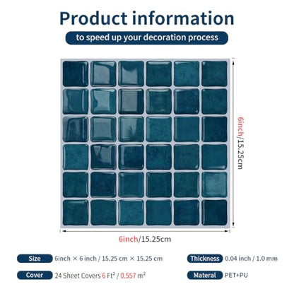 3D Mosaic Peel and Stick DIY Backsplash Tiles (24, Deep Ocean Teal) - color: Deep Ocean Teal