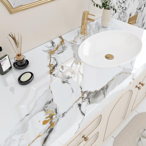 Glossy White/Grey Marble Contact Paper for Kitchen Counter Top Peel and Stick Waterproof Marble Wallpaper 17.7"x120" Self Adhesive Modern White Countertop Contact Paper for Bathroom Cabinets - size: 17.7" x 120"