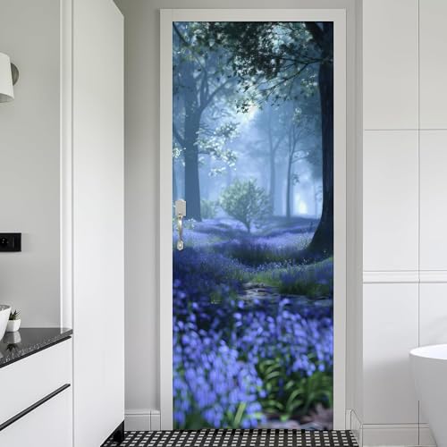REDAMANCY Blue Purple Lavender Flower Forest Peel and Stick Door Stickers Vinyl 3D Door Mural Decals Decor Wallpaper Self-Adhesive, Waterproof, Removable - color: Mta-18