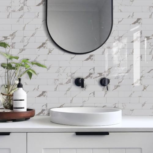 Vamos Tile Peel & Stick Backsplash on Subway Tile,40-Pack 3''x12'',Glossy - color: White Marble with White Grout