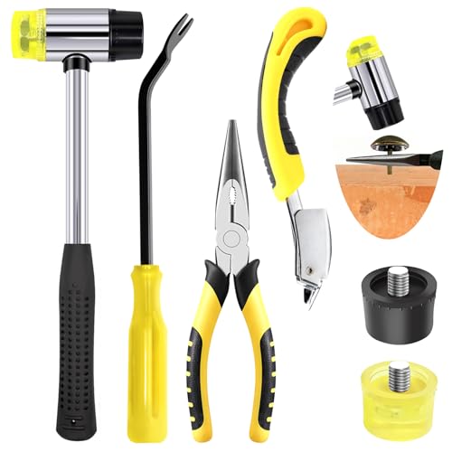 6 Pcs Upholstery Remove & Install Tools Kit Contains Rubber Mallet Hammer with 2PCS Replacement Head, Nail Tack Remover, Staple Tack Lifter and Removal Pliers for Furniture Floor Jewelry