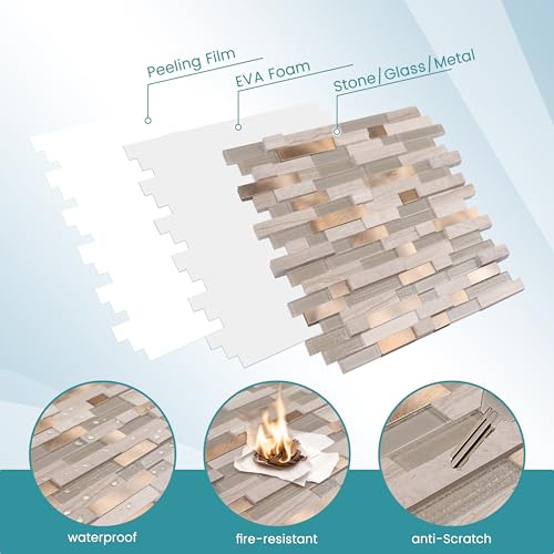 Nicesungdeco Peel and Stick 3D Natural Stone Mosaic Backsplash Tiles, 12" x 12" 5-Sheet Backsplash Self Adhesive Tiles for Kitchen Fireplace Vanity (Grey Gold) - color: GREY GOLD