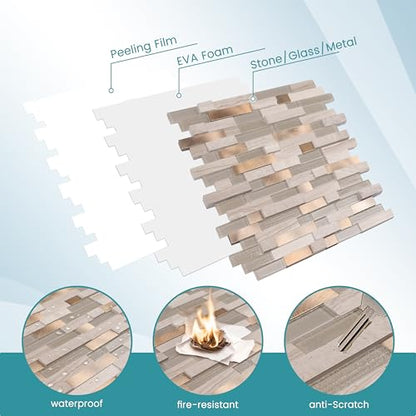 Nicesungdeco Peel and Stick 3D Natural Stone Mosaic Backsplash Tiles, 12" x 12" 5-Sheet Backsplash Self Adhesive Tiles for Kitchen Fireplace Vanity (Grey Gold) - color: GREY GOLD