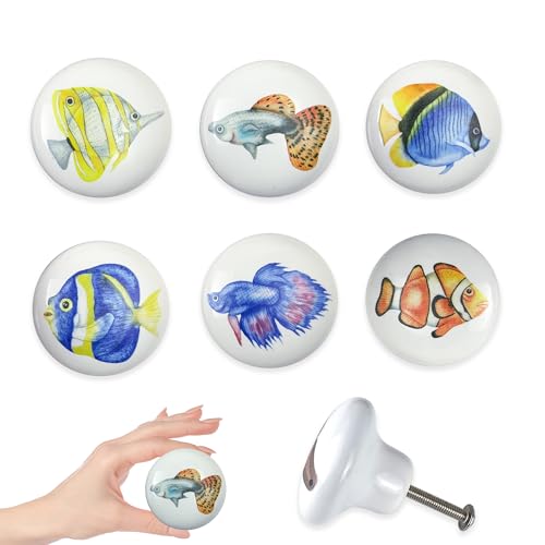 Set of 6 Ceramic Kids Nursery Cute Fish Cabinet Door Coastal Beachy Dresser Drawer Knobs and Pulls Handles 1.5 X 1.5 Inches - size: fish