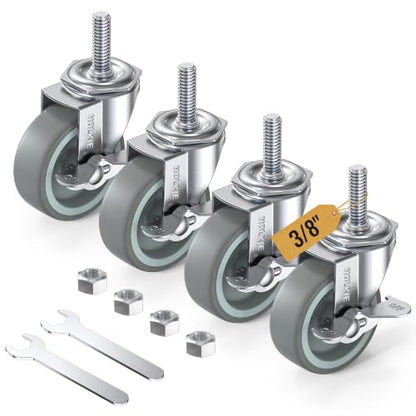 HOLKIE Stem Casters Wheels Set of 4 Standard US 3/8"-16 x 1-1/2" with Brake - style: Grey-With all brake