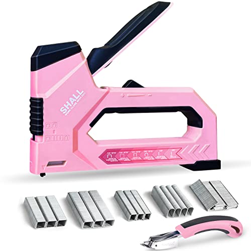 SHALL 6-in-1 Staple Gun Heavy Duty - Pink Upholstery Stapler Nail Gun with 4000 Counts Staples, Women Manual Brad Nailer with Stapler Remover for Wood, Crafts, Fabric, Decoration, Carpentry, Furniture - color: Pink, size: 6-in-1