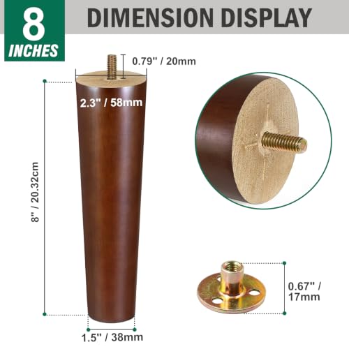 FoDau770 Rubber Wood Legs 8", Straight Taper, 5/16"-18 Thread, Brown, 4pcs - color: Brown, size: 8 Inch - Straight (90°)