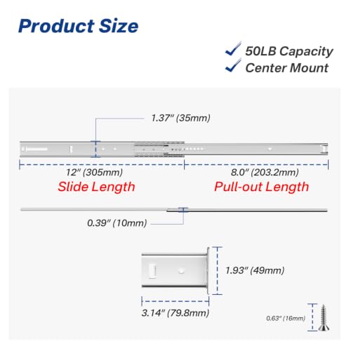 12 Inch Center Mount Drawer Slides 4 Pcs, Heavy Duty Hidden Rails - size: 12 Inch