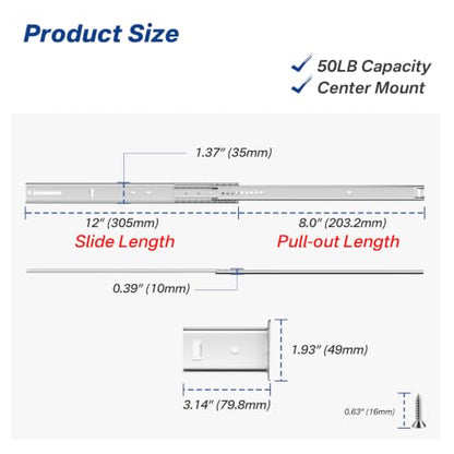12 Inch Center Mount Drawer Slides 4 Pcs, Heavy Duty Hidden Rails - size: 12 Inch